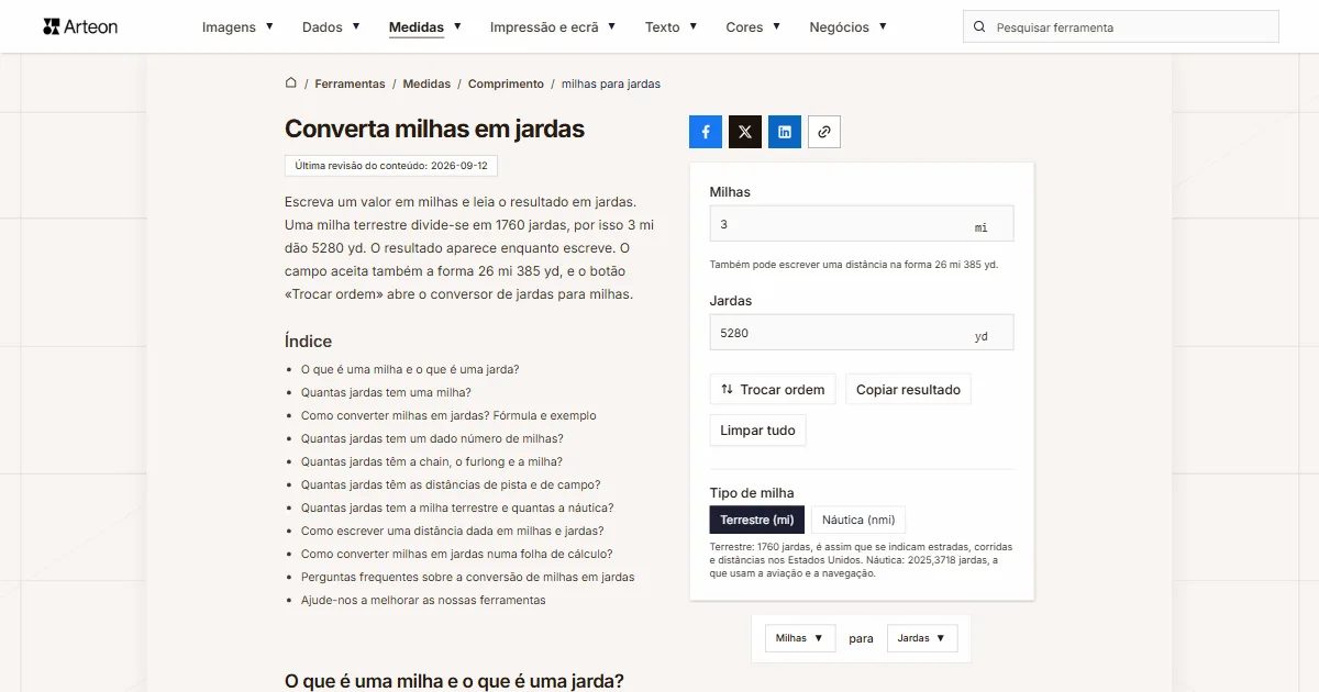 Captura de ecrã da ferramenta gratuita da Arteon: Converta milhas em jardas