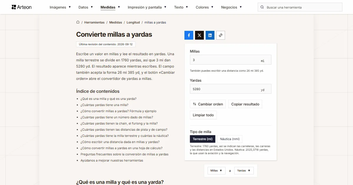 Captura de pantalla de la herramienta gratuita de Arteon: Convierte millas a yardas
