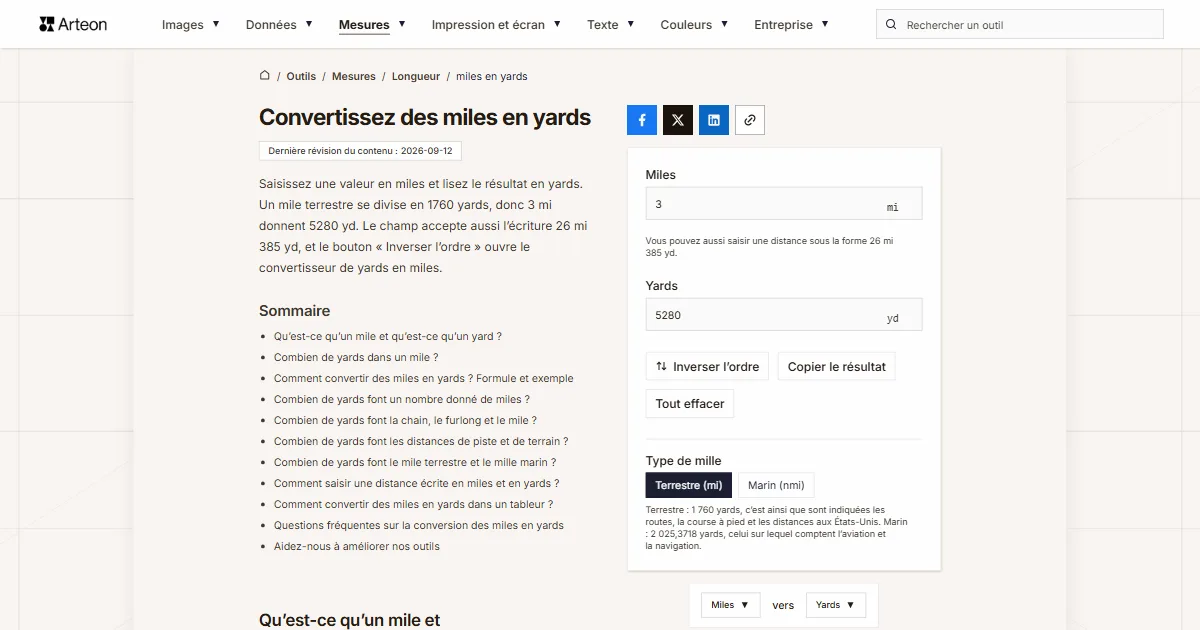 Capture d'écran de l'outil gratuit d'Arteon: Convertissez des miles en yards