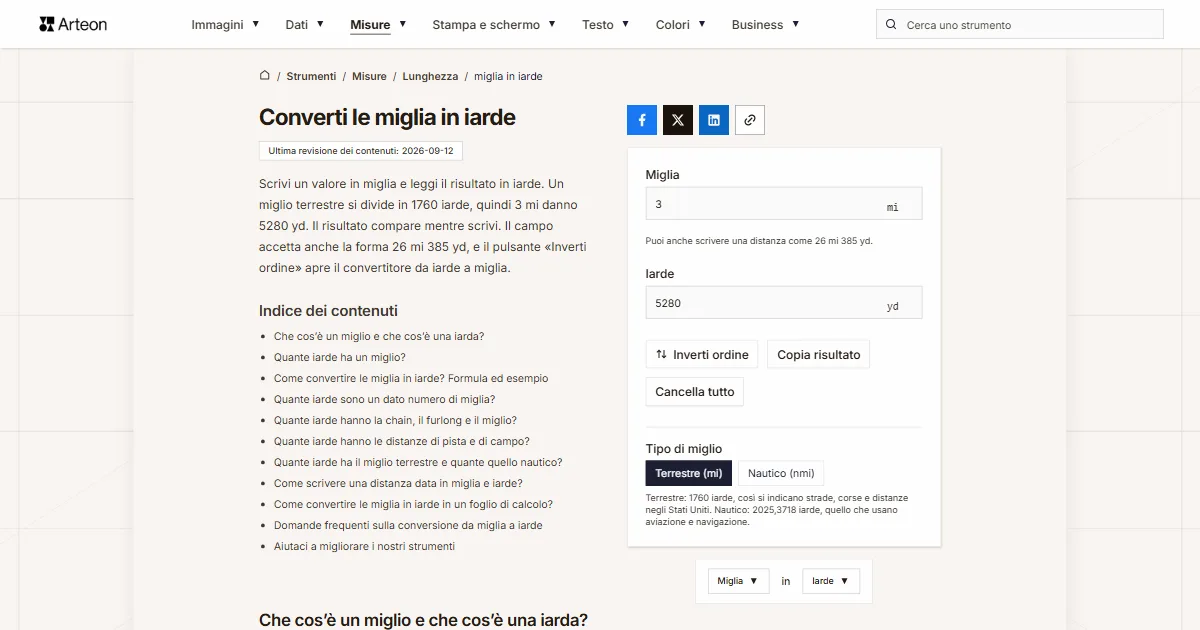 Screenshot dello strumento gratuito Arteon: Converti le miglia in iarde
