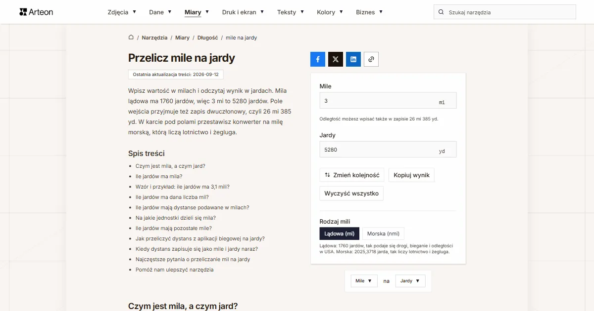 Zrzut ekranu darmowego narzędzia Arteon: Przelicz mile na jardy