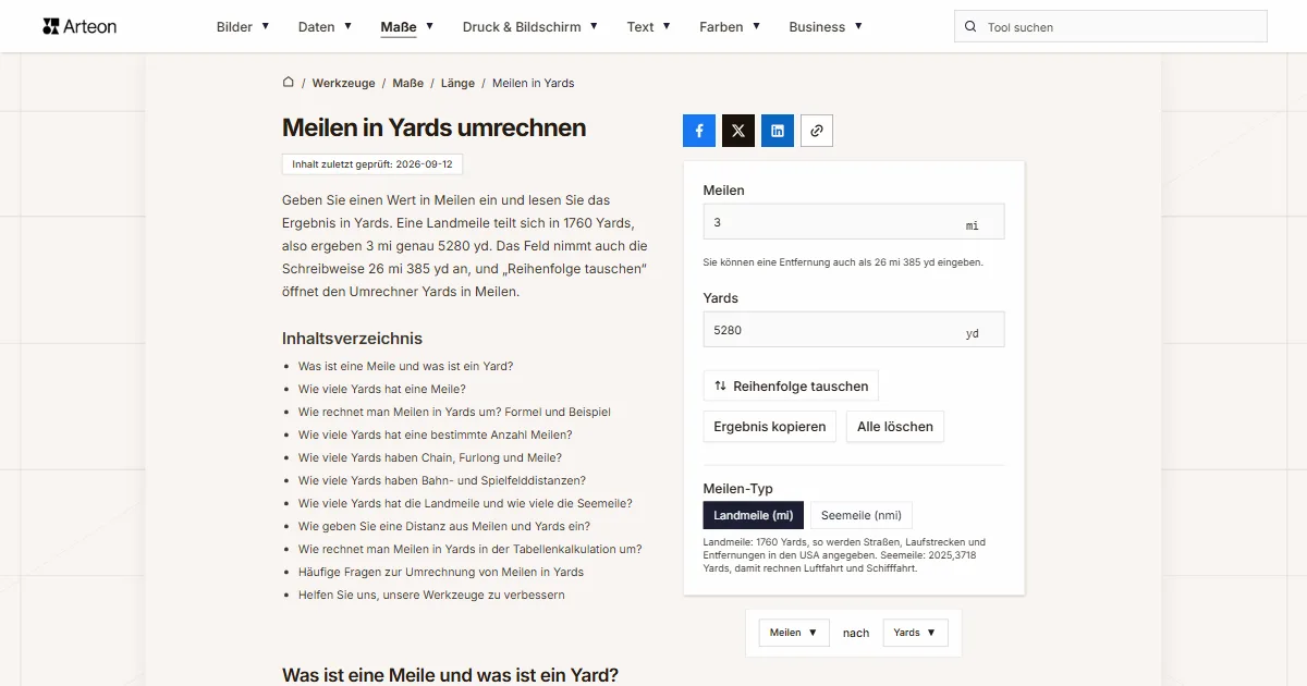Screenshot des kostenlosen Arteon-Werkzeugs: Meilen in Yards umrechnen