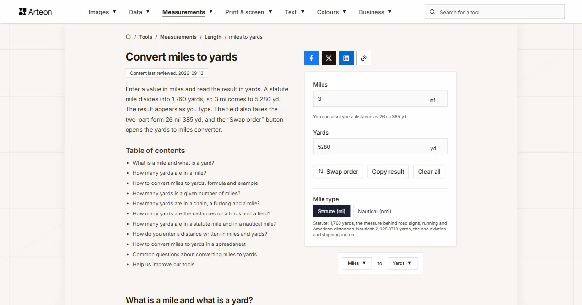 Arteon free tool screenshot: Convert miles to yards