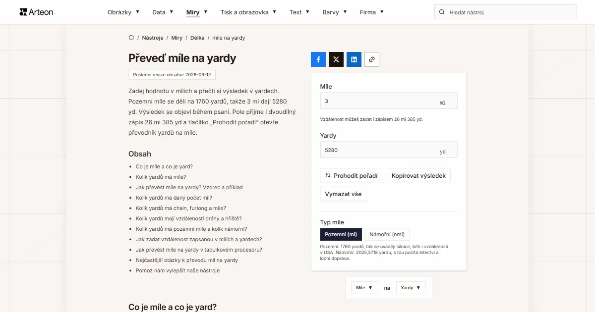 Snímek obrazovky bezplatného nástroje Arteon: Převeď míle na yardy