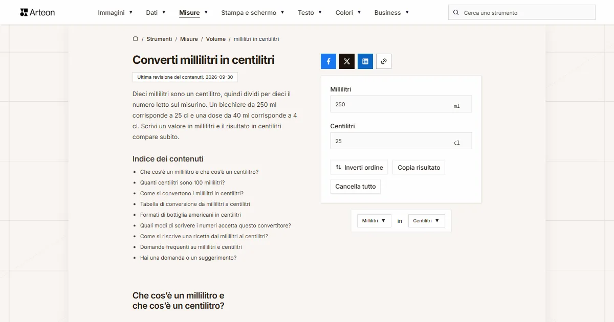Screenshot dello strumento gratuito Arteon: Converti millilitri in centilitri