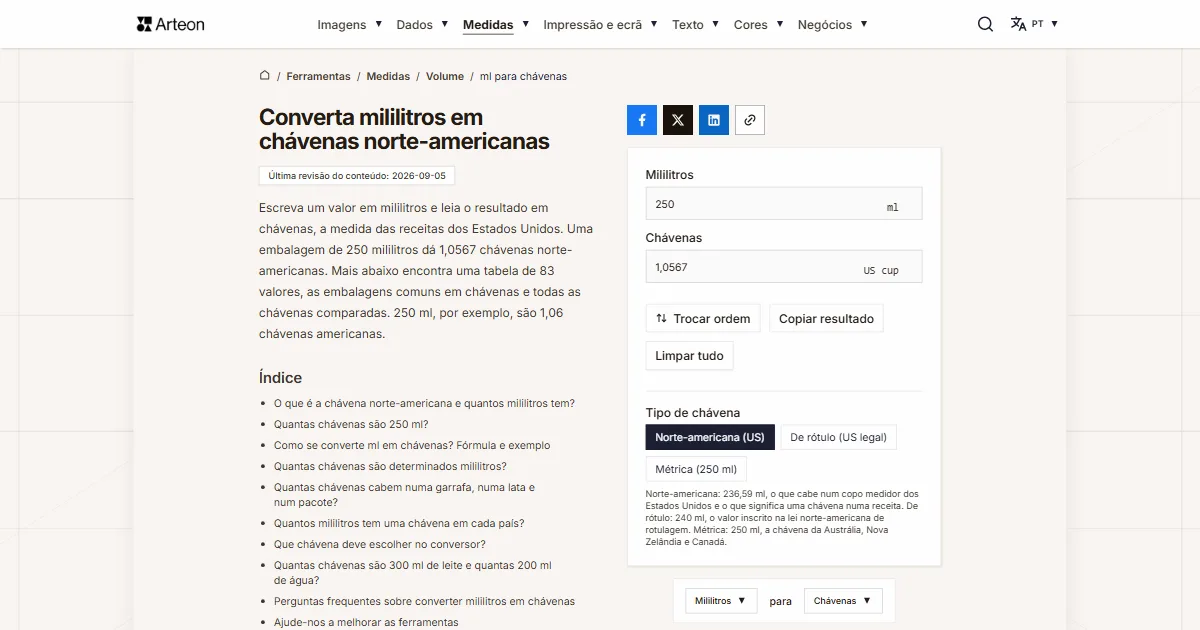 Captura de ecrã da ferramenta gratuita da Arteon: Converta mililitros em chávenas norte-americanas