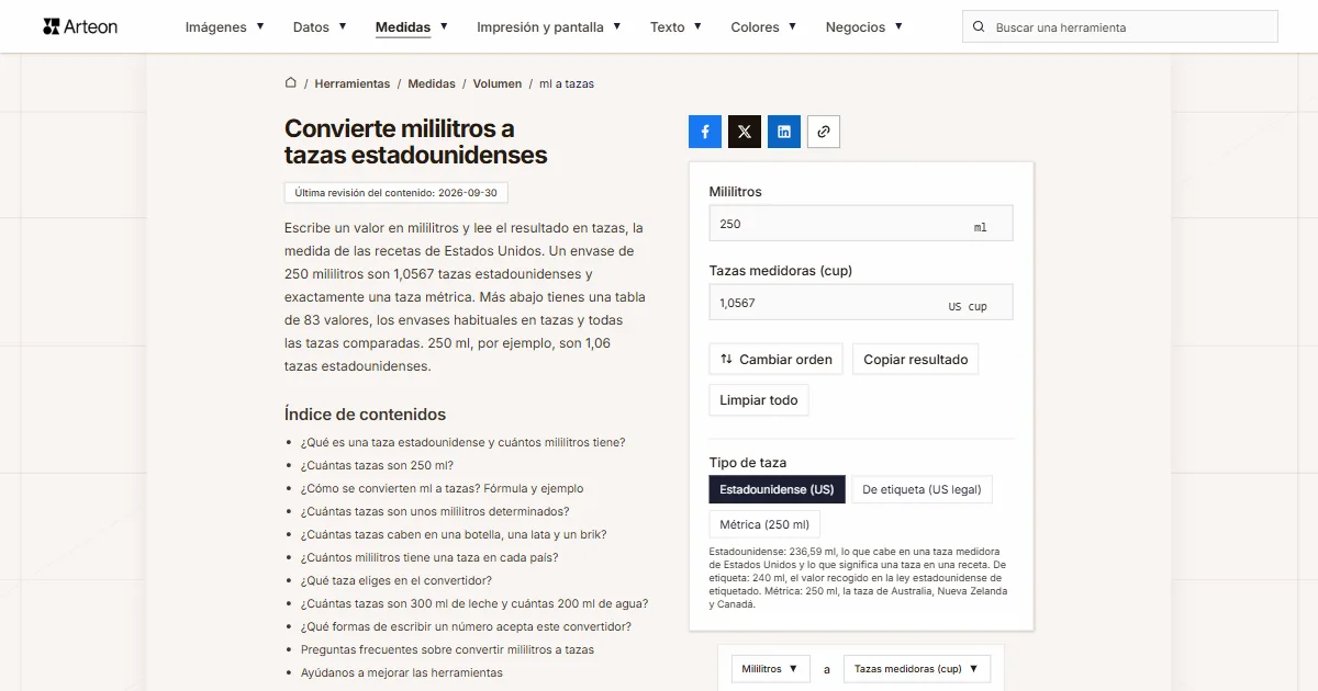 Captura de pantalla de la herramienta gratuita de Arteon: Convierte mililitros a tazas estadounidenses
