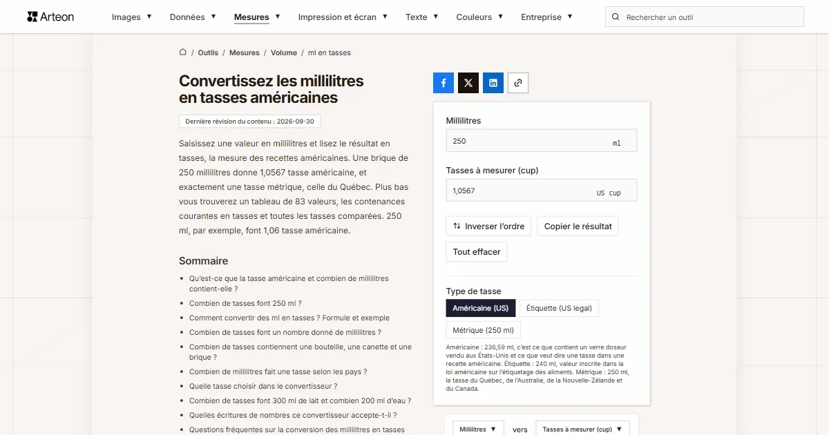 Capture d'écran de l'outil gratuit d'Arteon: Convertissez les millilitres en tasses américaines