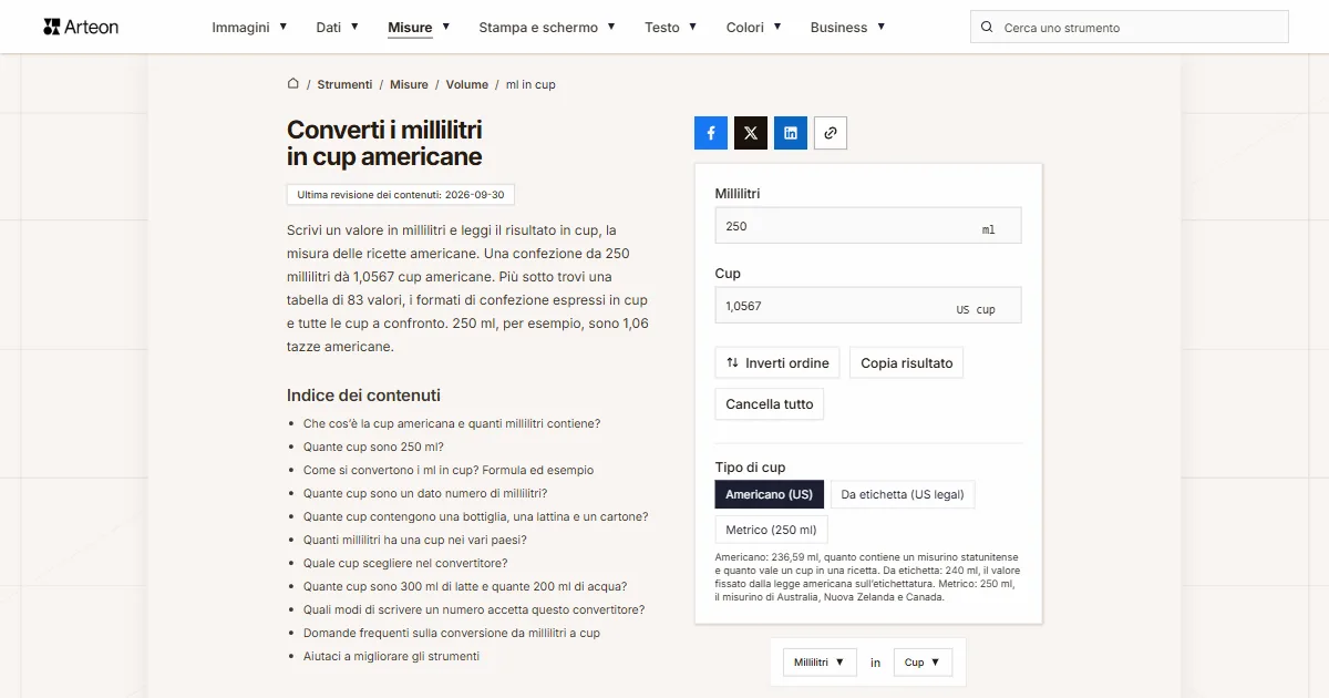 Screenshot dello strumento gratuito Arteon: Converti i millilitri in cup americane