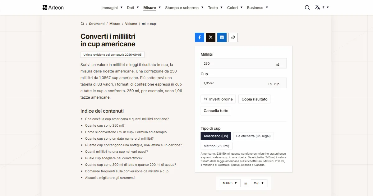 Screenshot dello strumento gratuito Arteon: Converti i millilitri in cup americane