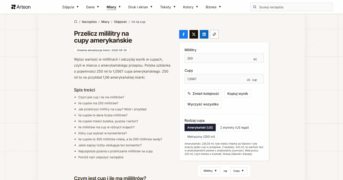 Zrzut ekranu darmowego narzędzia Arteon: Przelicz mililitry na cupy amerykańskie