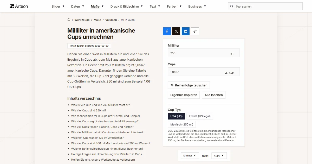 Screenshot des kostenlosen Arteon-Werkzeugs: Milliliter in amerikanische Cups umrechnen