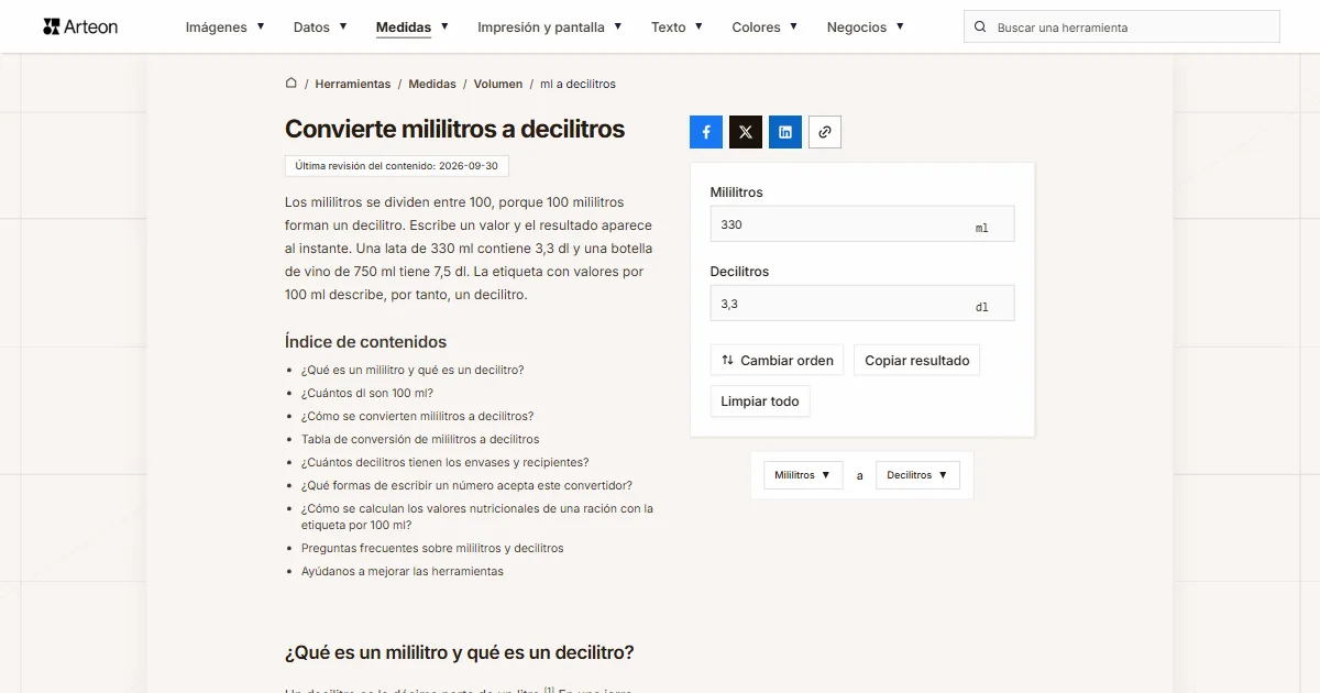Captura de pantalla de la herramienta gratuita de Arteon: Convierte mililitros a decilitros
