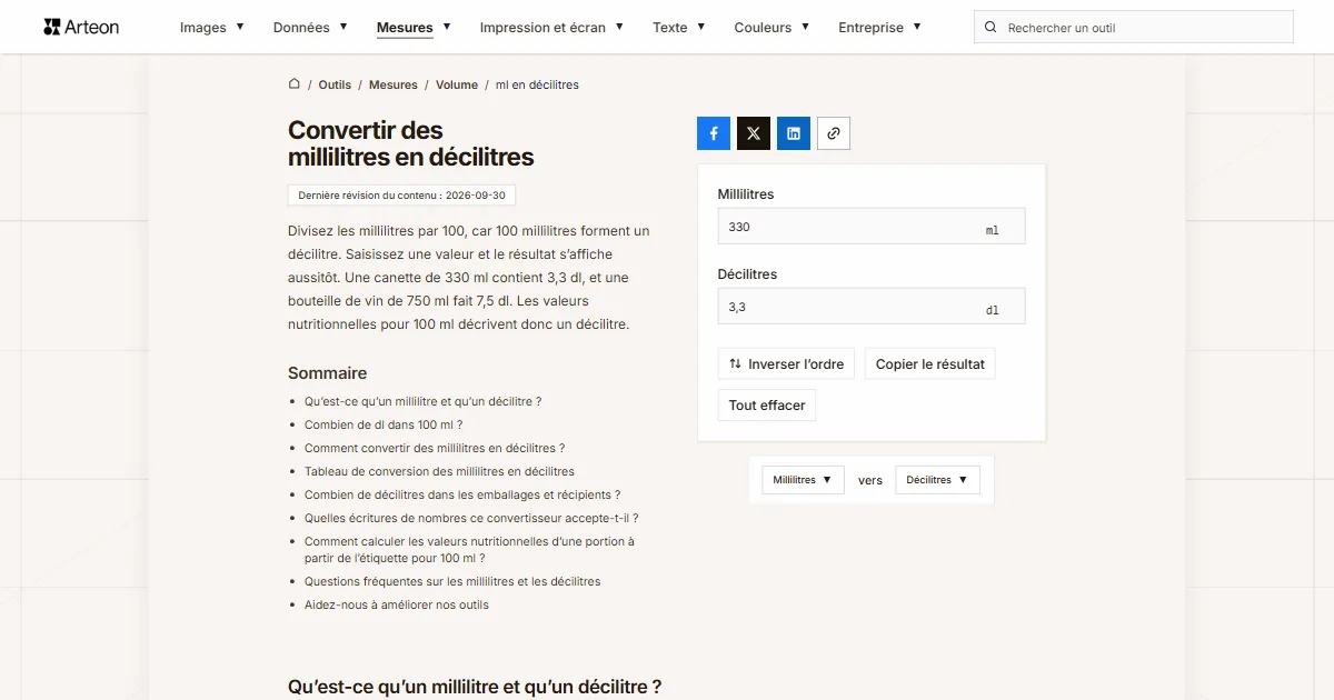 Capture d'écran de l'outil gratuit d'Arteon: Convertir des millilitres en décilitres