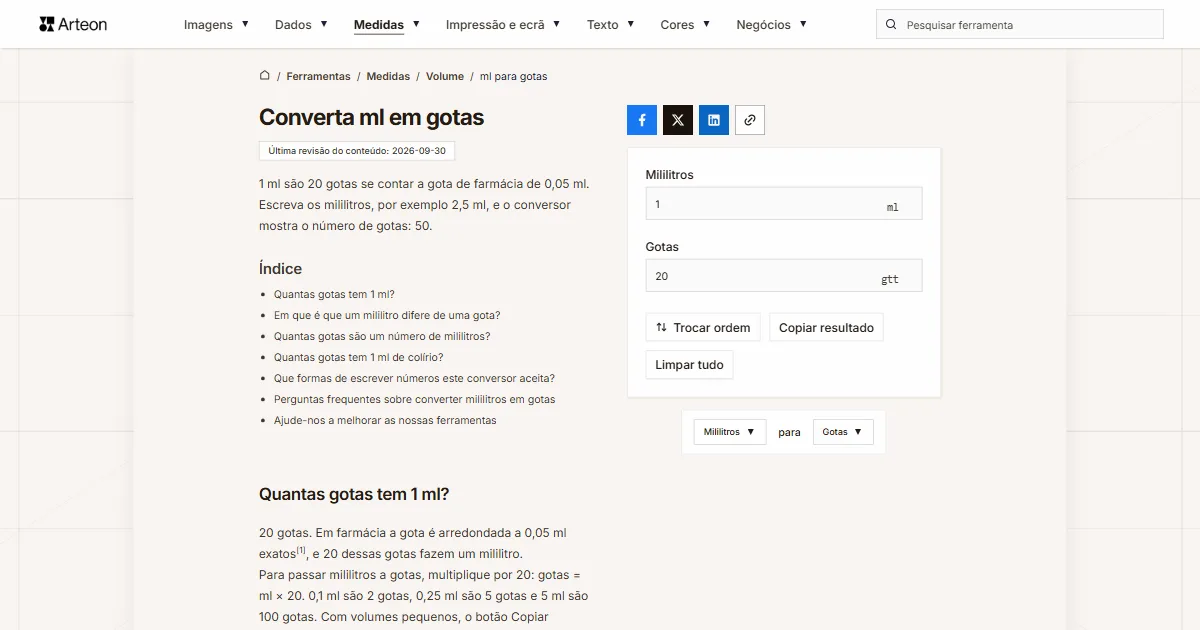 Captura de ecrã da ferramenta gratuita da Arteon: Converta ml em gotas