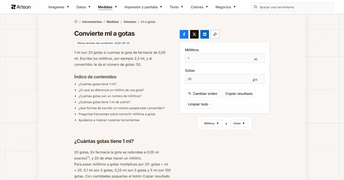 Captura de pantalla de la herramienta gratuita de Arteon: Convierte ml a gotas