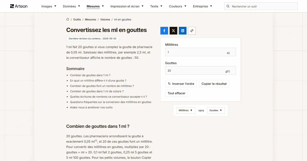 Capture d'écran de l'outil gratuit d'Arteon: Convertissez les ml en gouttes
