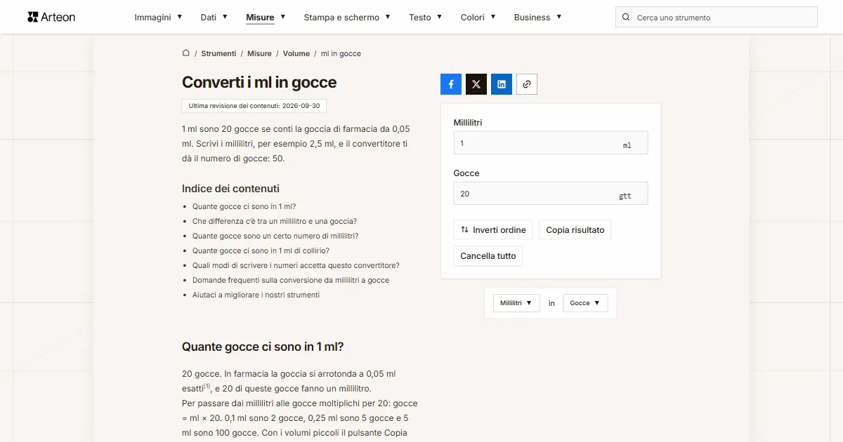 Screenshot dello strumento gratuito Arteon: Converti i ml in gocce
