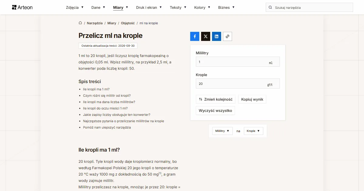 Zrzut ekranu darmowego narzędzia Arteon: Przelicz ml na krople