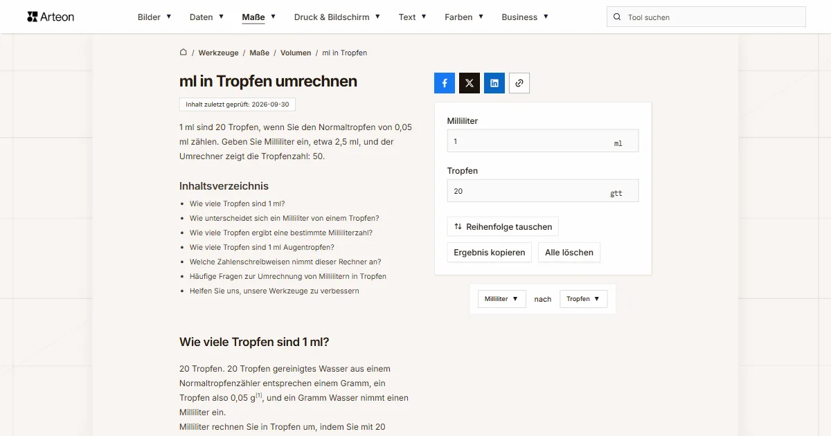 Screenshot des kostenlosen Arteon-Werkzeugs: ml in Tropfen umrechnen