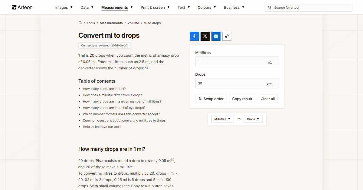 Arteon free tool screenshot: Convert ml to drops