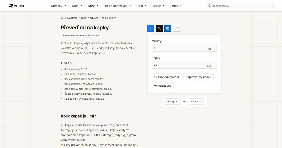 Snímek obrazovky bezplatného nástroje Arteon: Převeď ml na kapky