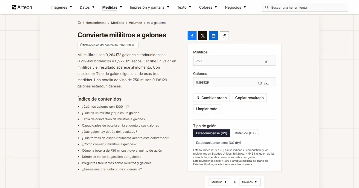 Captura de pantalla de la herramienta gratuita de Arteon: Convierte mililitros a galones