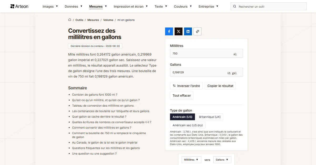 Capture d'écran de l'outil gratuit d'Arteon: Convertissez des millilitres en gallons