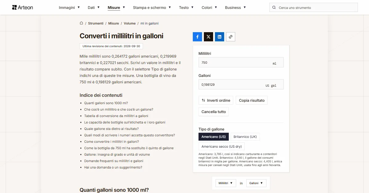 Screenshot dello strumento gratuito Arteon: Converti i millilitri in galloni