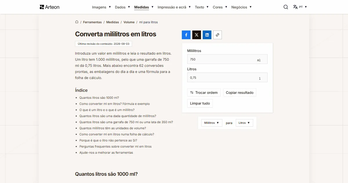 Captura de ecrã da ferramenta gratuita da Arteon: Converta mililitros em litros
