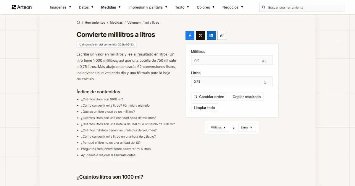 Captura de pantalla de la herramienta gratuita de Arteon: Convierte mililitros a litros