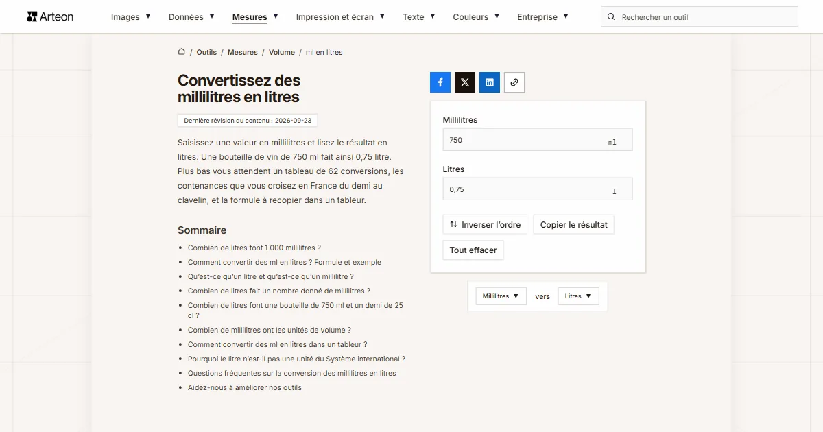 Capture d'écran de l'outil gratuit d'Arteon: Convertissez des millilitres en litres