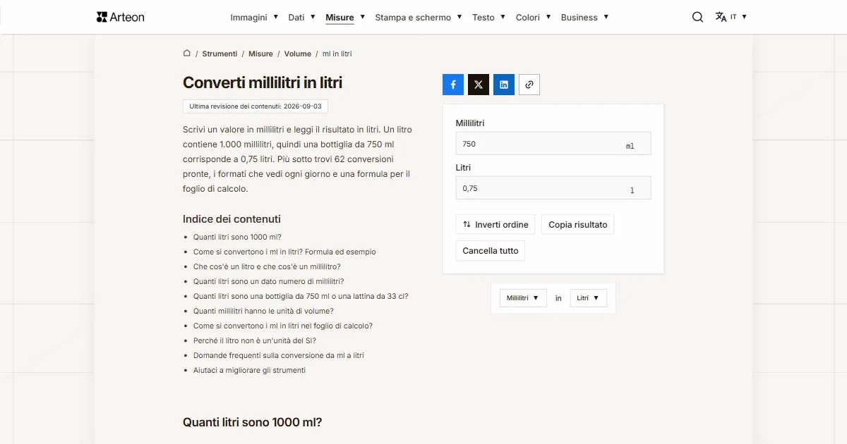 Screenshot dello strumento gratuito Arteon: Converti millilitri in litri