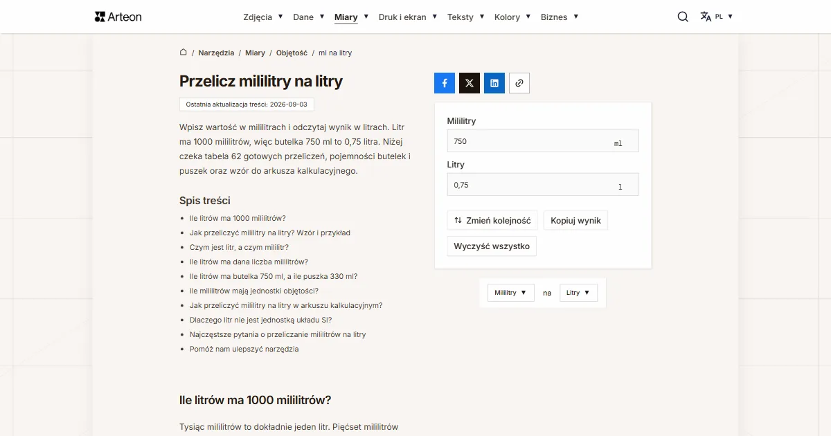 Zrzut ekranu darmowego narzędzia Arteon: Przelicz mililitry na litry