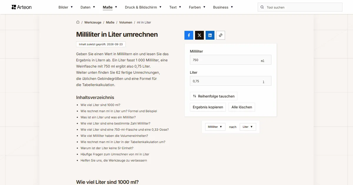 Screenshot des kostenlosen Arteon-Werkzeugs: Milliliter in Liter umrechnen