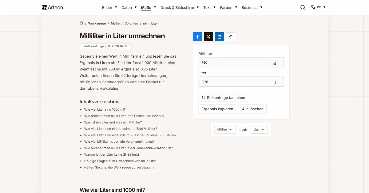 Screenshot des kostenlosen Arteon-Werkzeugs: Milliliter in Liter umrechnen