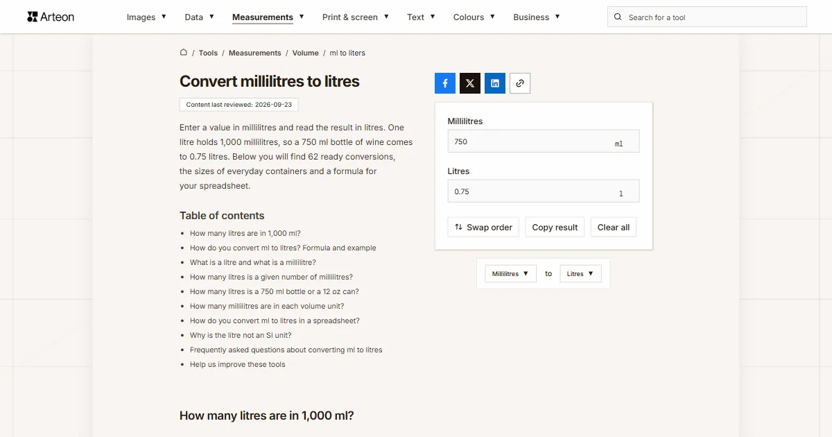 Arteon free tool screenshot: Convert millilitres to litres