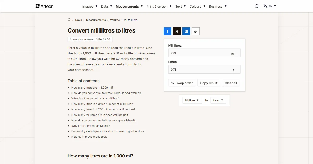 Arteon free tool screenshot: Convert millilitres to litres