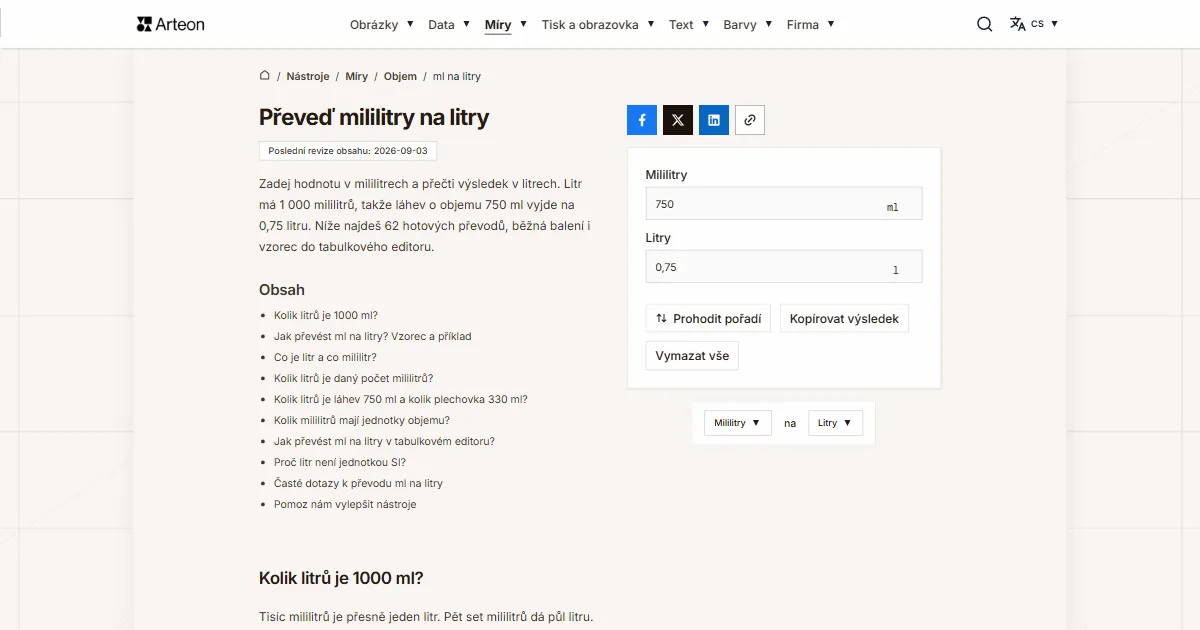 Snímek obrazovky bezplatného nástroje Arteon: Převeď mililitry na litry
