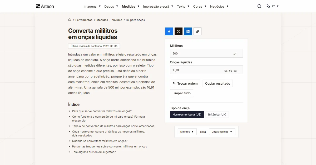 Captura de ecrã da ferramenta gratuita da Arteon: Converta mililitros em onças líquidas