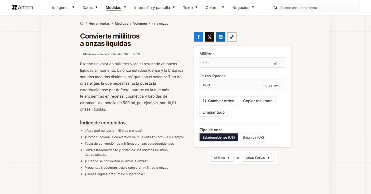 Captura de pantalla de la herramienta gratuita de Arteon: Convierte mililitros a onzas líquidas