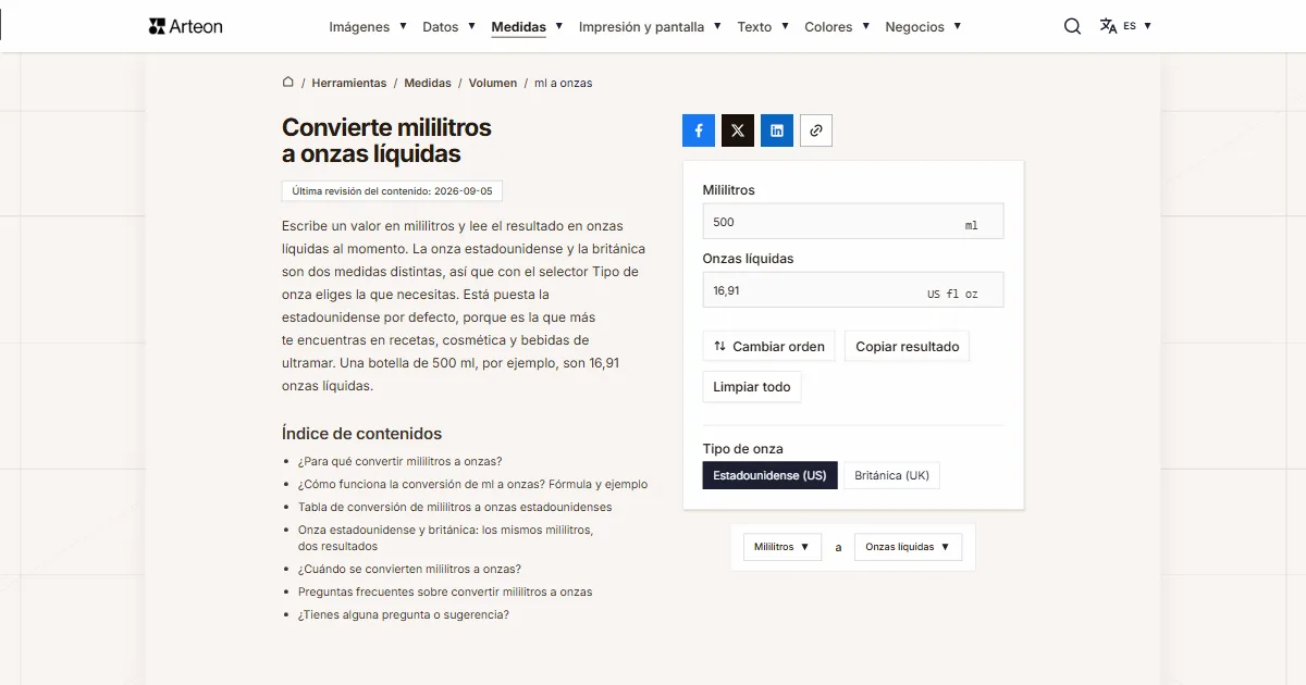 Captura de pantalla de la herramienta gratuita de Arteon: Convierte mililitros a onzas líquidas