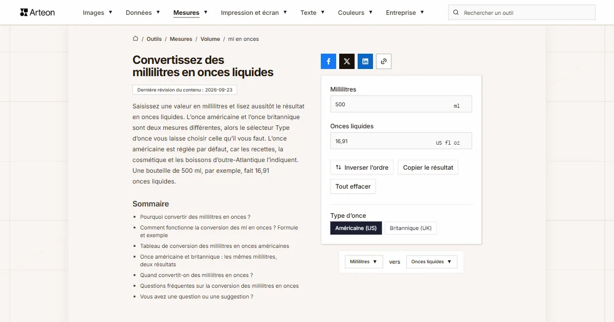 Capture d'écran de l'outil gratuit d'Arteon: Convertissez des millilitres en onces liquides