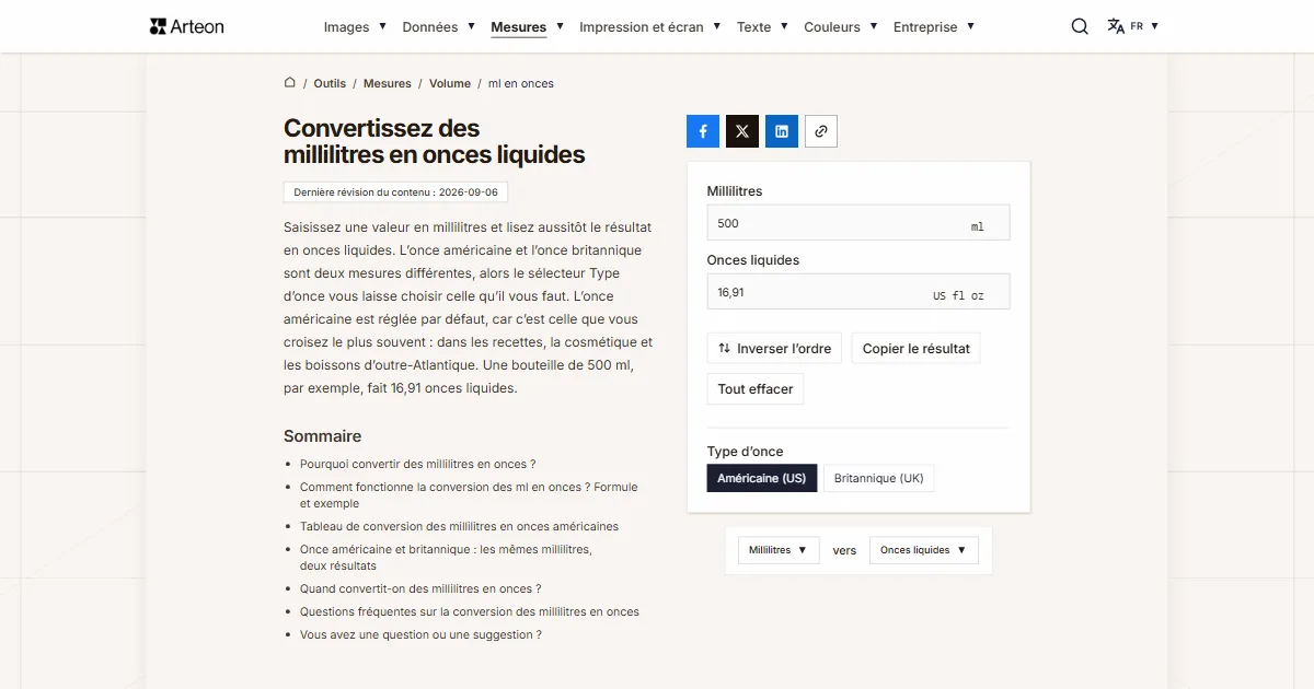 Capture d'écran de l'outil gratuit d'Arteon: Convertissez des millilitres en onces liquides