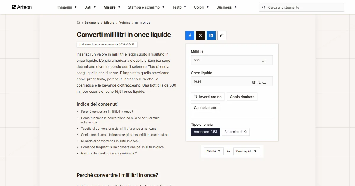 Screenshot dello strumento gratuito Arteon: Converti millilitri in once liquide