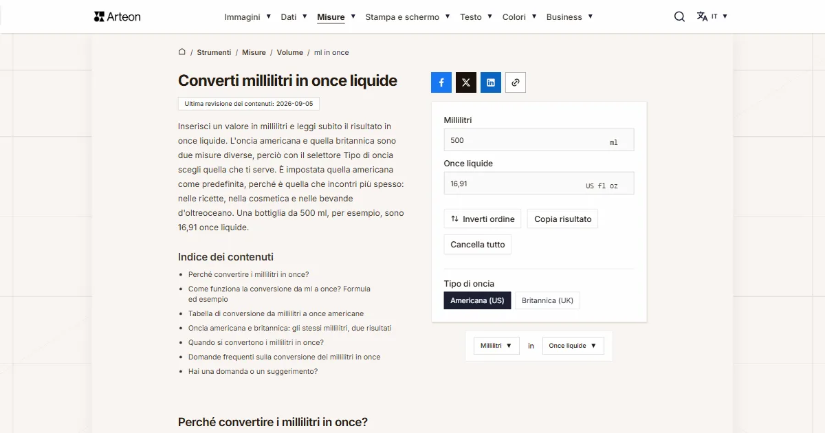 Screenshot dello strumento gratuito Arteon: Converti millilitri in once liquide