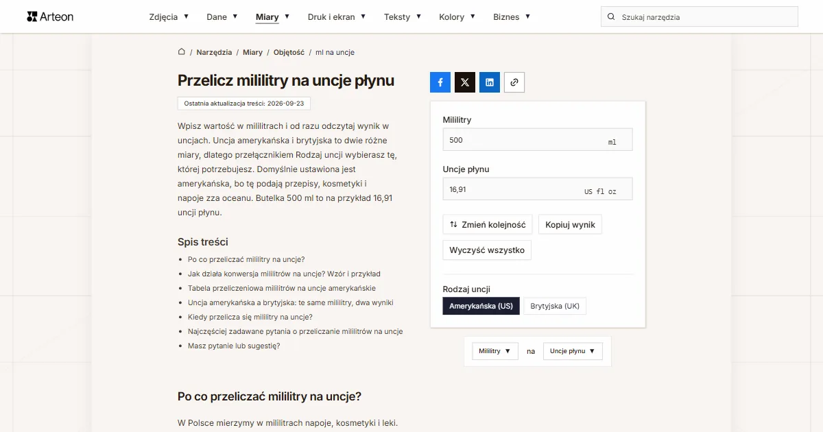 Zrzut ekranu darmowego narzędzia Arteon: Przelicz mililitry na uncje płynu