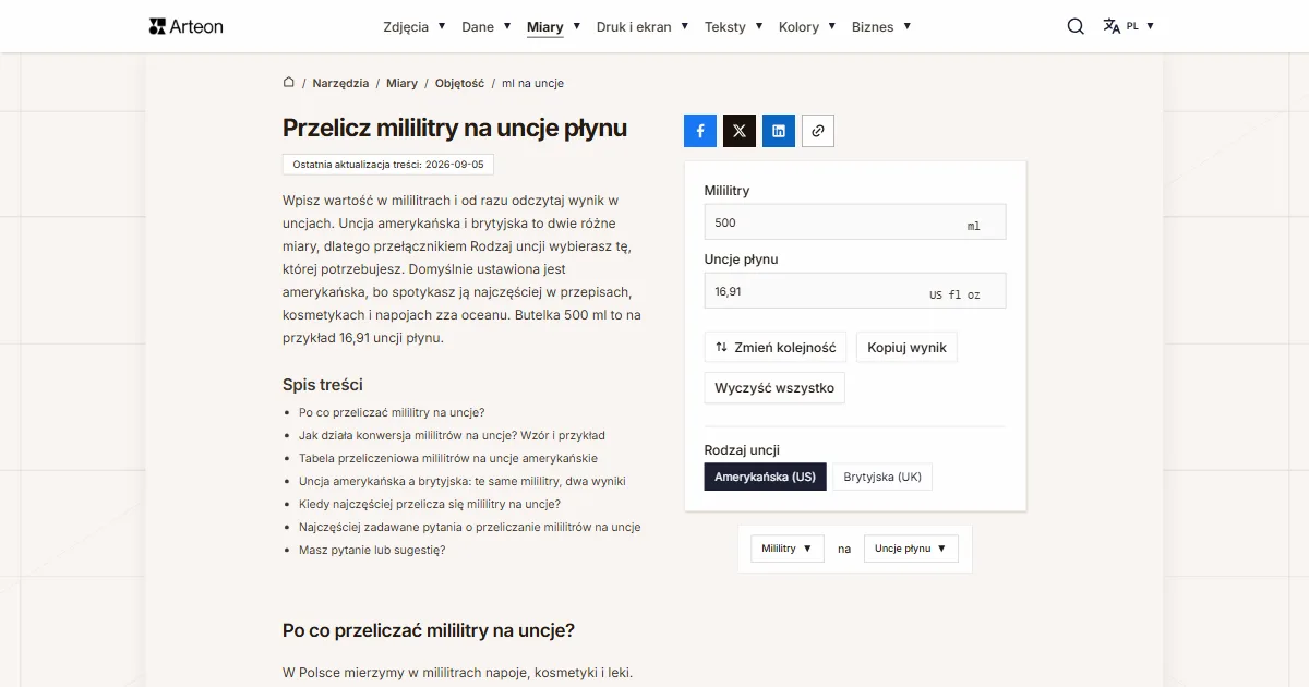 Zrzut ekranu darmowego narzędzia Arteon: Przelicz mililitry na uncje płynu
