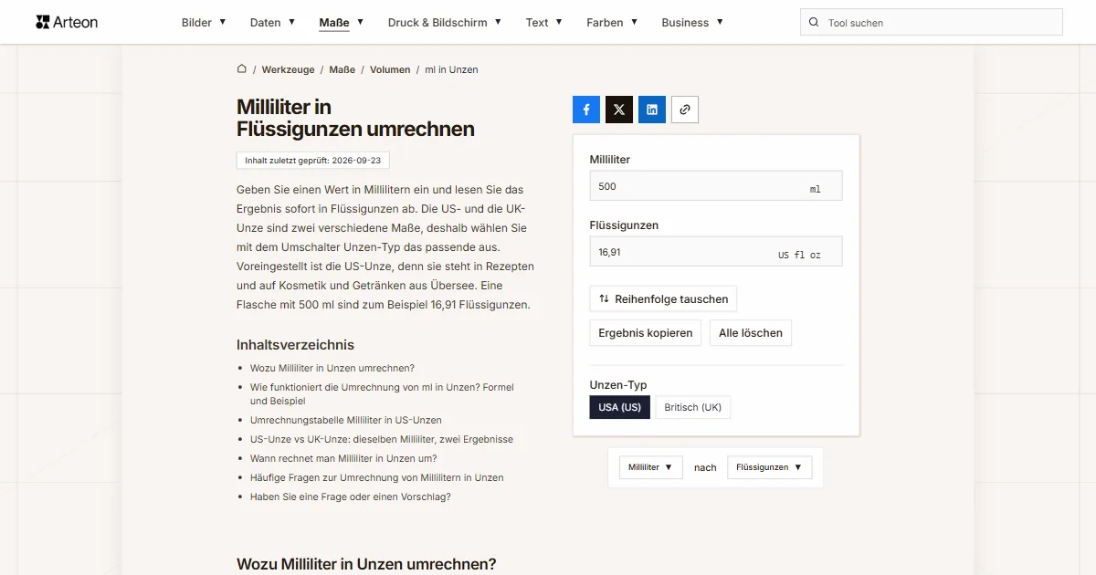 Screenshot des kostenlosen Arteon-Werkzeugs: Milliliter in Flüssigunzen umrechnen