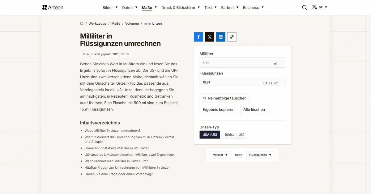 Screenshot des kostenlosen Arteon-Werkzeugs: Milliliter in Flüssigunzen umrechnen